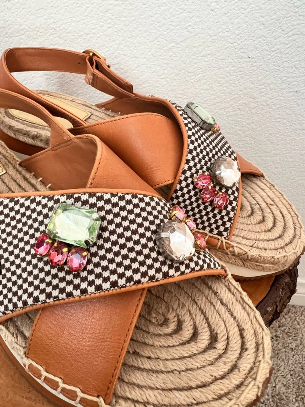 Tory Burch Brown Daisy Crystal Sandals 9.5 M in Desert Camel Open Toe Espadrille - Picture 7 of 9